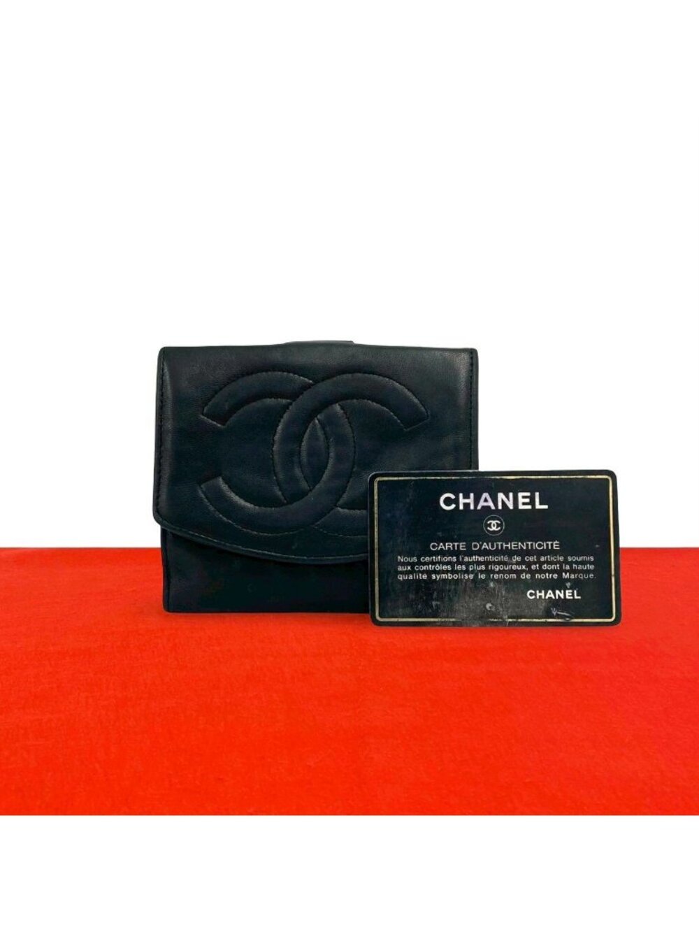 Chanel Card Seal Edition Vintage CC Logo Lambskin Leather Bifold Wallet Black